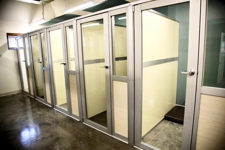 A block of dog suites at TLC Pet Nursing Hotel in Topeka, Kansas.